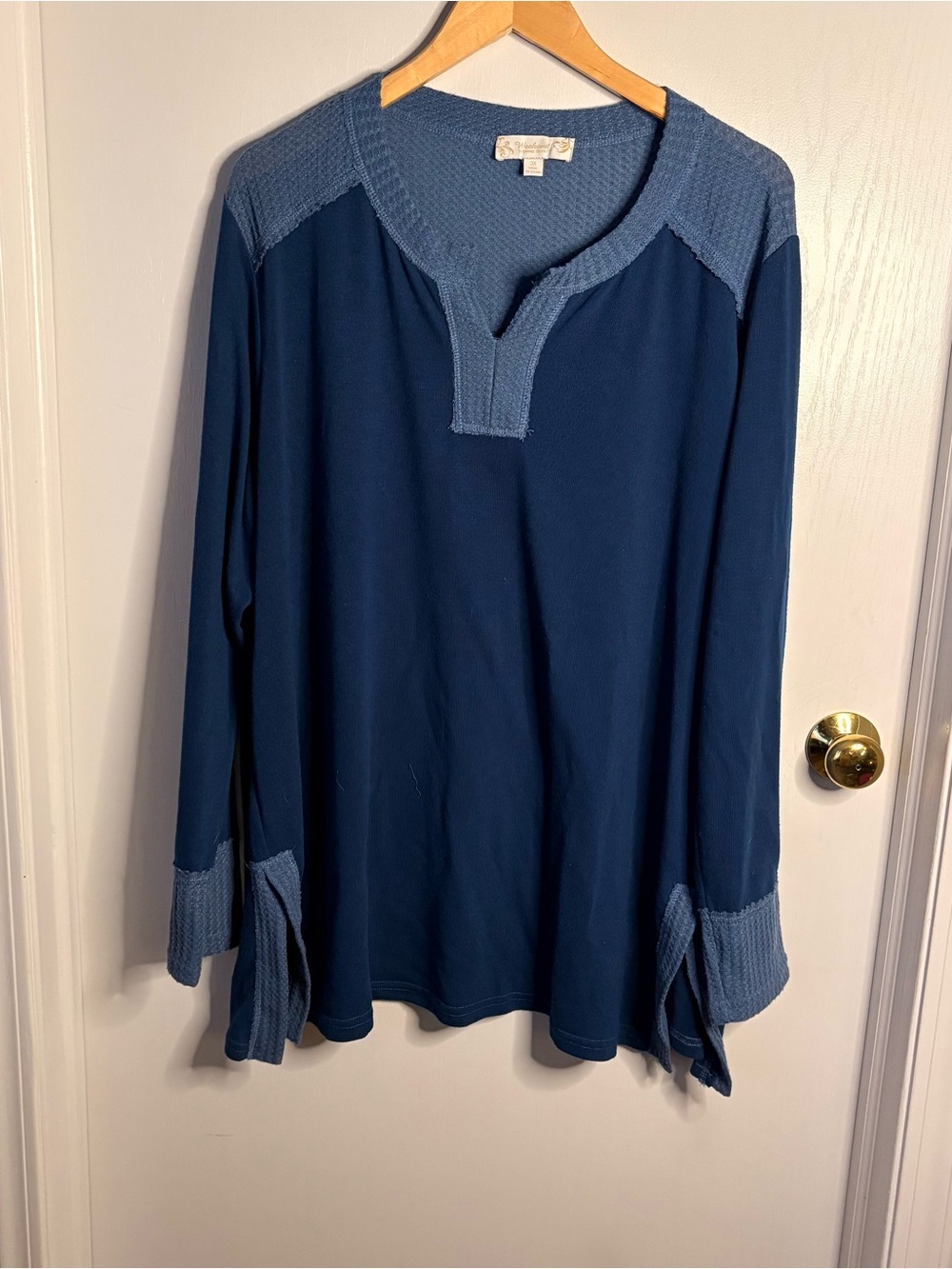Women’s 3X Teal Split Neck Waffle Knit Accent Long Sleeve Pullover Top Cozy